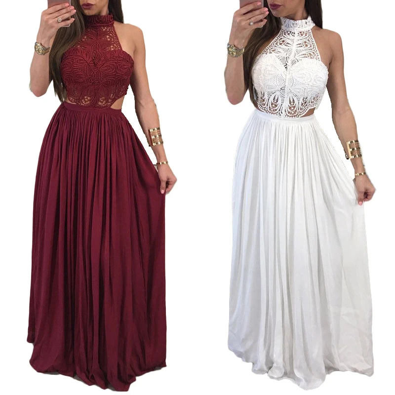 

New Elegant Summer Womens Maxi Boho Lace Floral Print Sleeveless Beach Long Party Dress