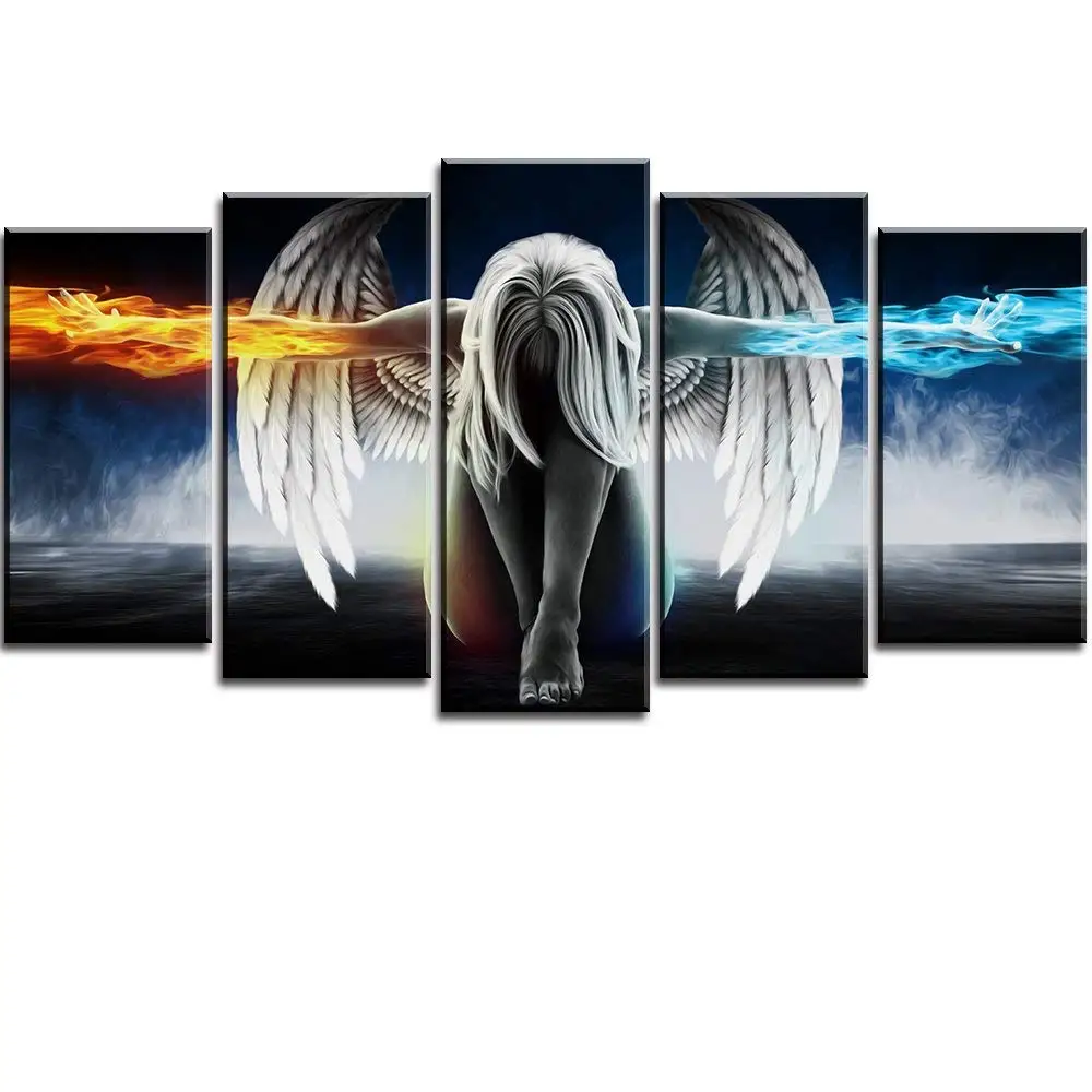 Fire and Ice Water Angel Wall Art for Living Room, SZ 5 Panel Abstract Anime Oil Painting Canvas Prints of Beautiful Wing Girl Picture (Bracket Mounted, Waterproof Decor, Large Artwork