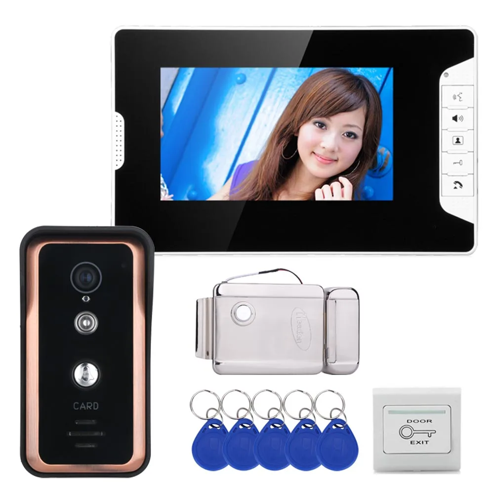 Wired 7 inch Video Door Phone Video Intercom Doorbell System 1 Monitor 1 RFID IR-CUT Camera+Stainless Steel Electronic Door Lock