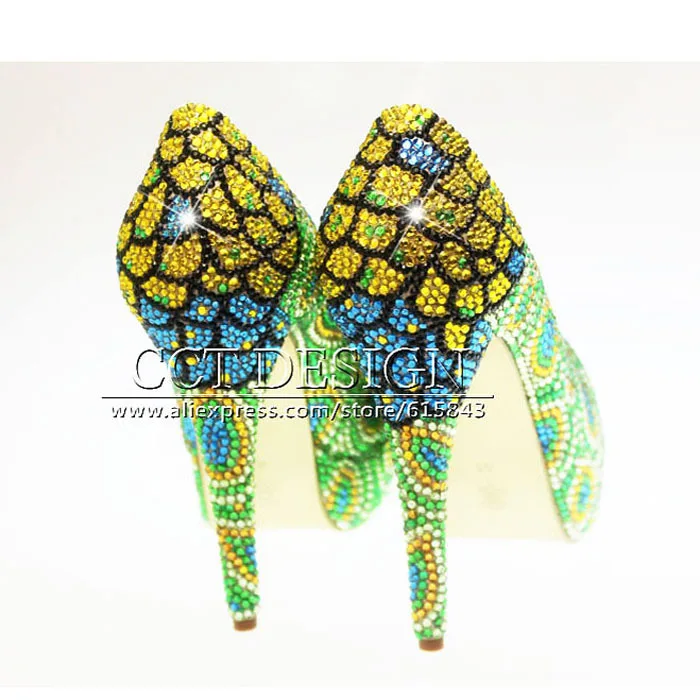 2016 Unique Golden And Green Rhinestones Women Wedding Shoes Handmade Platforms Crystal High Heels Party Prom Pumps Shoes Women