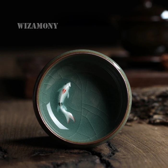 Китайский фарфоровый чаша Longquan Celadon чайное блюдце для чая золотая рыбка 60 мл