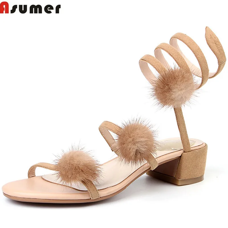 

ASUMER 2020 fashion summer new shoes woman square heel sandals women suede leather med heels casual elegant black apricot
