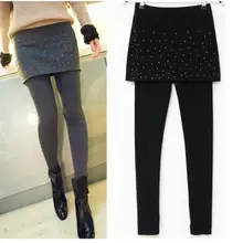 Стиль горячие бурения леггинсы модные мини искусственная юбка Ложные два шт леггинсы женские теплые обтягивающие брюки