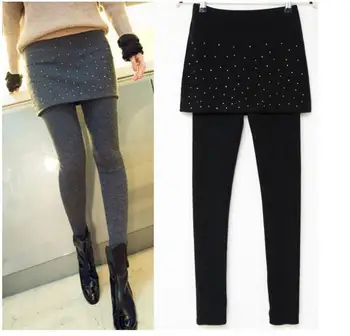 

New Style Hot Drilling Leggings Fashion Mini Faux Skirt False Two Pieces Leggings Women Warm Skinny Pants