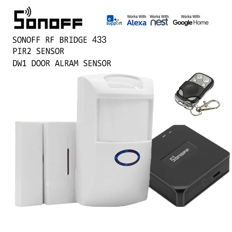 

Sonoff RF Bridge 433MHZ Wifi Signal Converter PIR 2 Sensor / DW1 Door & Window Alarm Sensor Compatible with Alexa Google Home