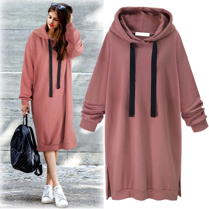 

Autumn Winter Long-sleeve Sweatshirt Womens Plus Size Pink Hoodies Long Sweatshirt Dress Womens Oversized Sweatshirts Pullover