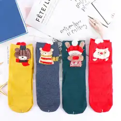4 пары женских носков цветные хлопковые повседневные теплые носки с изображением Санта-Клауса и оленя с животными для девочек