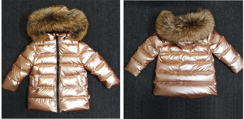 Зимняя куртка для мальчиков, новинка года, Брендовое зимнее пальто с капюшоном для девочек, ветрозащитная детская верхняя одежда с длинными рукавами на утином пуху, золотистого и белого цвета