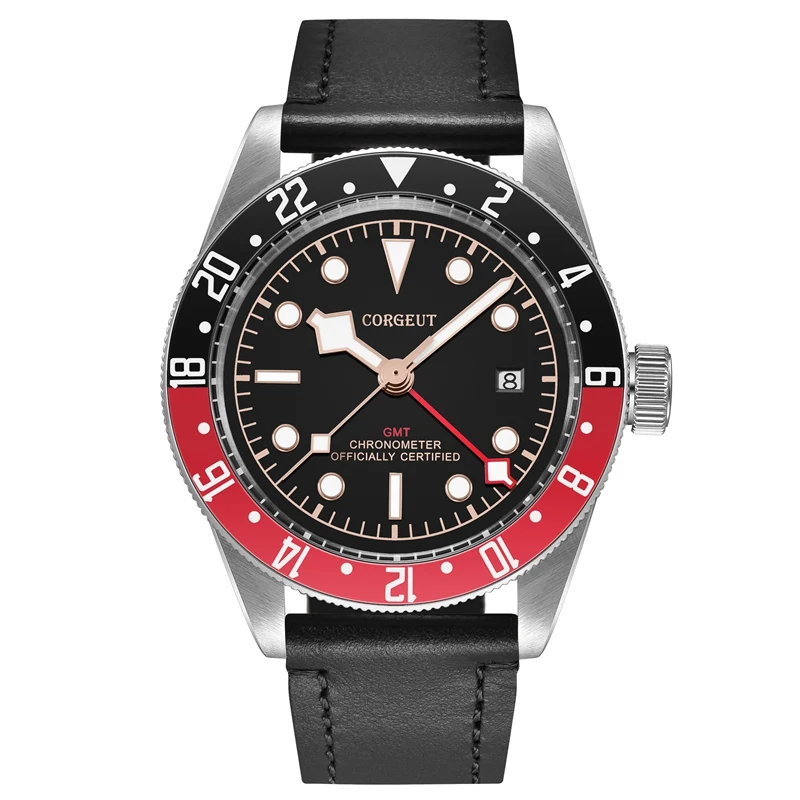 

Corgeut 41mm Mens Automatic Watch Black Red Rotatable Bezel Red GMT Hand Clock Sapphire Glass Black Strap Watches CA2031RBR