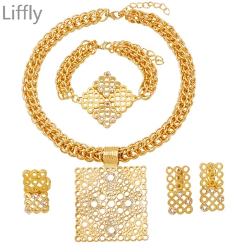 

African Retro Fashion Creative Design 18 Gold Jewelry Sets Crystal Necklace Bracelet Ring for Women Party Gift Accessories