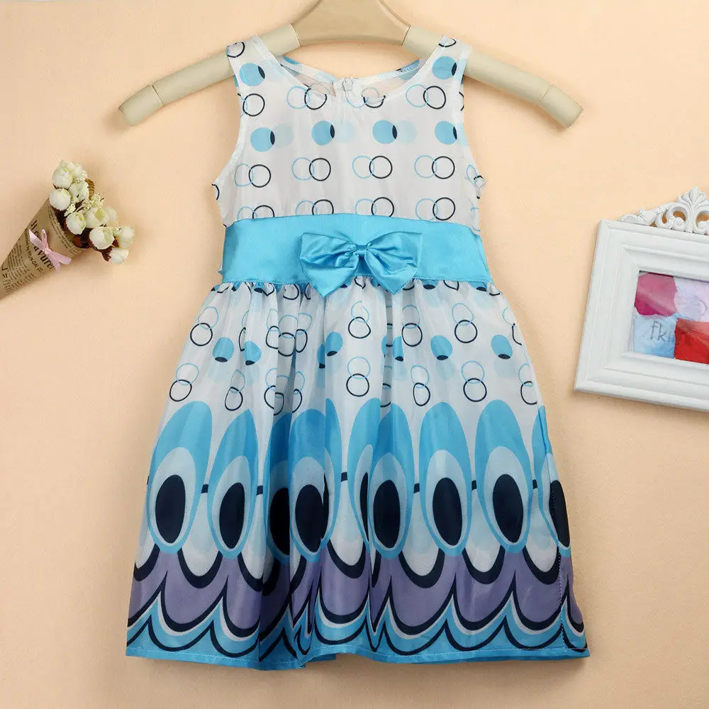 

2019 Summer Princess Flower Girl Dress Girl Bow Belt Sleeveless Peacock Dress Party Clothing Set Child Girl Dress