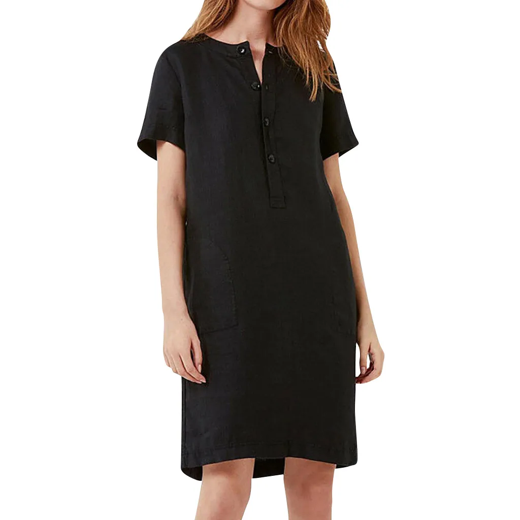 Womens Summer plus size Dress Solid color Short Sleeve Linen Dress A