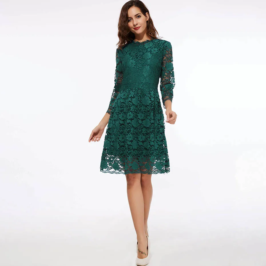 Women Elegant Lace Dress Round Neck Hunter Green Fashion Pleated A Line ...