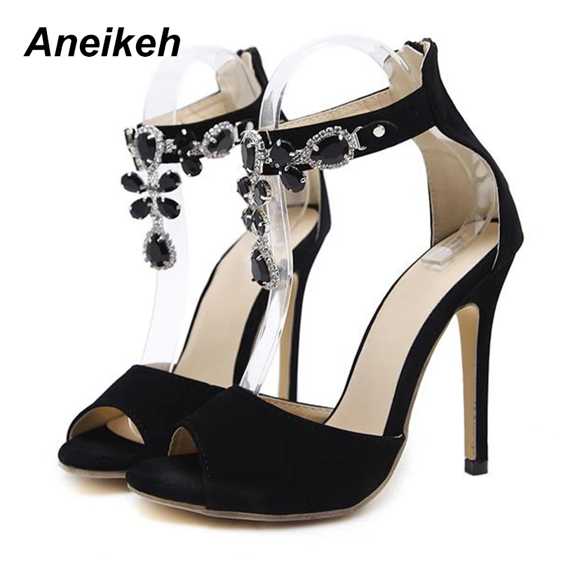 Aneikeh/женские замшевые босоножки на высоком каблуке с украшением в виде черных кристаллов; пикантные босоножки-гладиаторы с открытым носком и ремешком на щиколотке, стразы