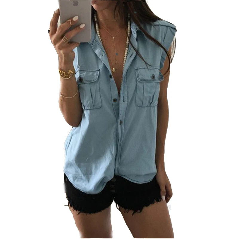 2017 Summer Autumn Women Sleeveless Denim Shirts Blouses Blusas ...