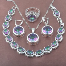 Классический Дизайн Радужный круглый циркониевый 925 Серебряный Женский вечерние комплект ювелирных изделий браслет ожерелье кулон серьги кольцо YZ0374