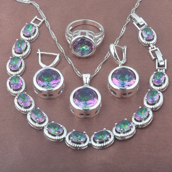 

2020 New Round Zirconia Women's Wedding Jewelry Set Silver Color Bracelet Pendant Earrings Ring YZ0374