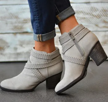 

Girls Ankle Boots Zip Band Women Shoes Winter Ladies Pointed Toe Med Heels Square Sweet Casual Booties Sapato Feminino AB1121