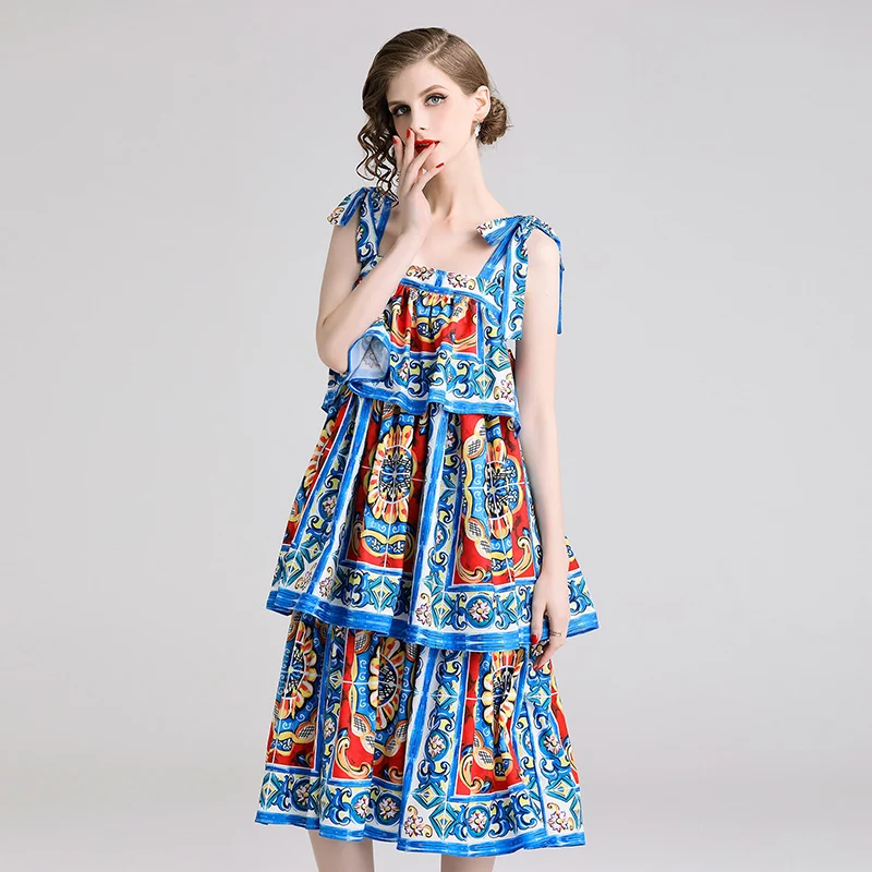 

New 2019 Fashion Designer Runway Summer Beach Dress Women Bow Spaghetti Strap Tiered Ruffle Backless Flower Print Long Dress