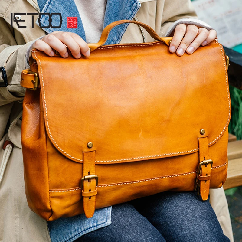 

AETOO Tanning leather handmade tot bag retro head cowhide Cambridge bag Leather portable shoulder crossbody bag