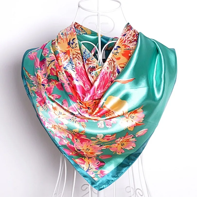 [BYISFA] женский шелковый шарф Обертывания Европейский стиль дизайн атласный большой квадратный шарф с принтом бренд женский синий шелковый шарф 90*90 см - Цвет: 26101 green