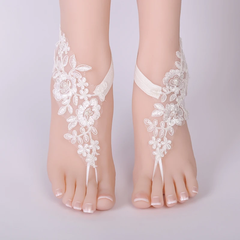 Sandalias descalzas blancas con cadena para pies, de playa, joyería, zapato boda, encaje, 1 par/set, 002, - AliExpress