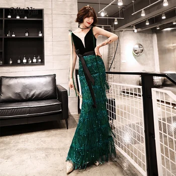 

2019 New Green Sequins Tassel Sexy Long Evening Dress Elegant V-neck Evening Party Dress Robe De Soiree WY1372