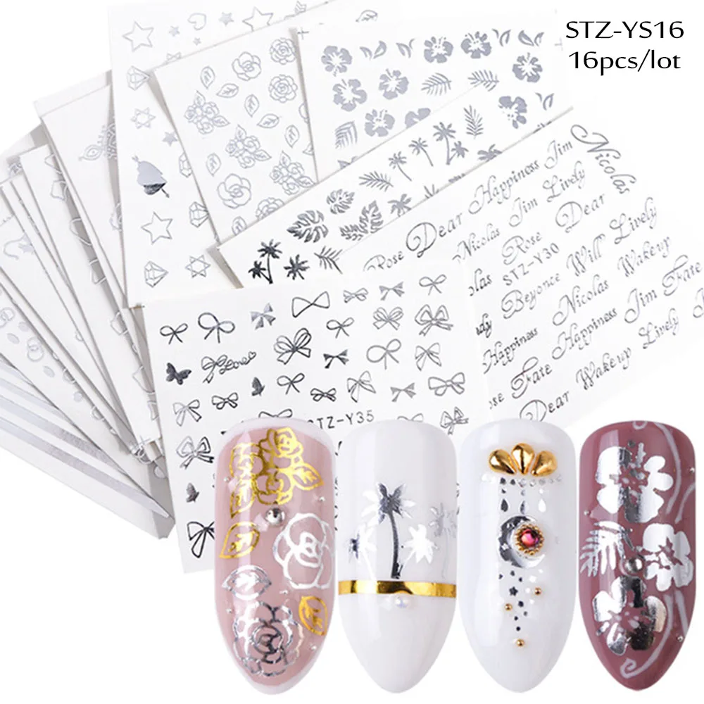 Золотые и Серебристые наклейки на ногти 3d слайдер цветок ювелирные изделия для ногтей искусство геометрический мультфильм дизайн маникюр декор SASTZ-YS/YY - Цвет: STZ-YS16