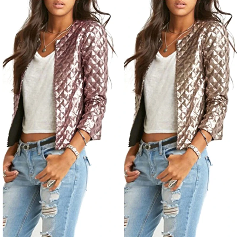 

2018 Spring Style Vogue Women Lozenge Sequins Jackets Stylish Solid Gold/Brown Coat Fashion Short Slim Outwear WDC91063615