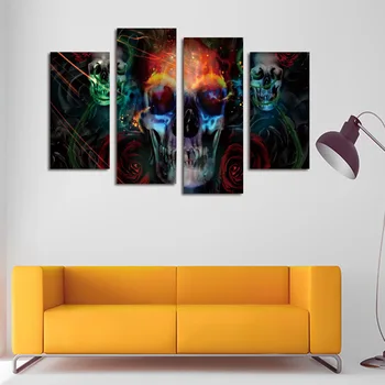 

FOUR PC NO FRAME Black Skull Oil Painting Printed Oil Painting On Canvas Oil Painting Home Decor Wall Decor