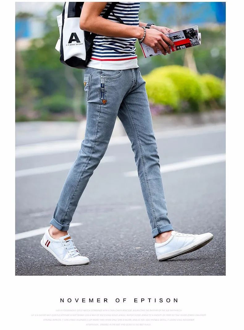 New Korean Style Men Jeans Grey Slim Skinny Man Biker Jeans with Zippers Designer Stretch Fashion