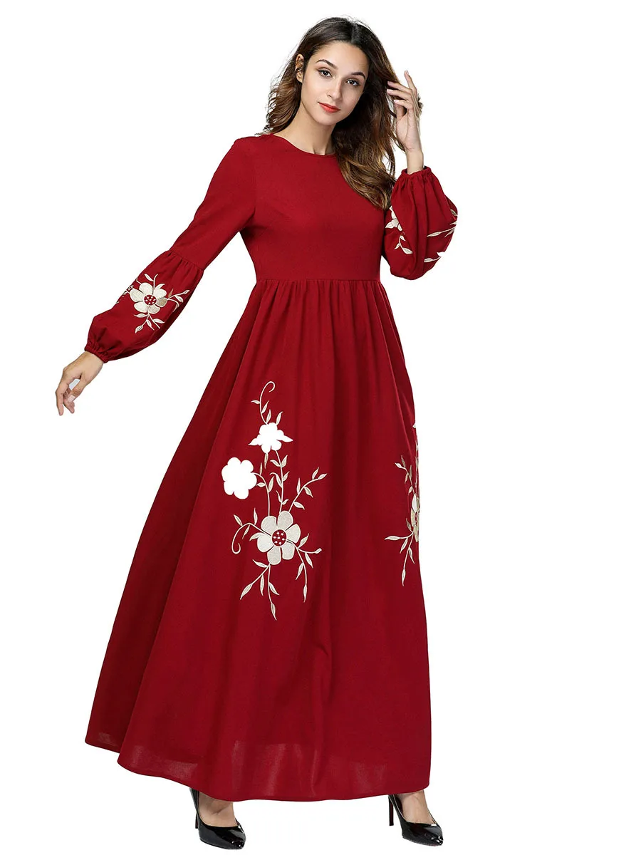 

Plus Size 4XLWomen Wine Red Long Dress Ladies Floral Embroidery Loose Long Sleeve Maxi Dress Female Autumn Pleated Dress Robe