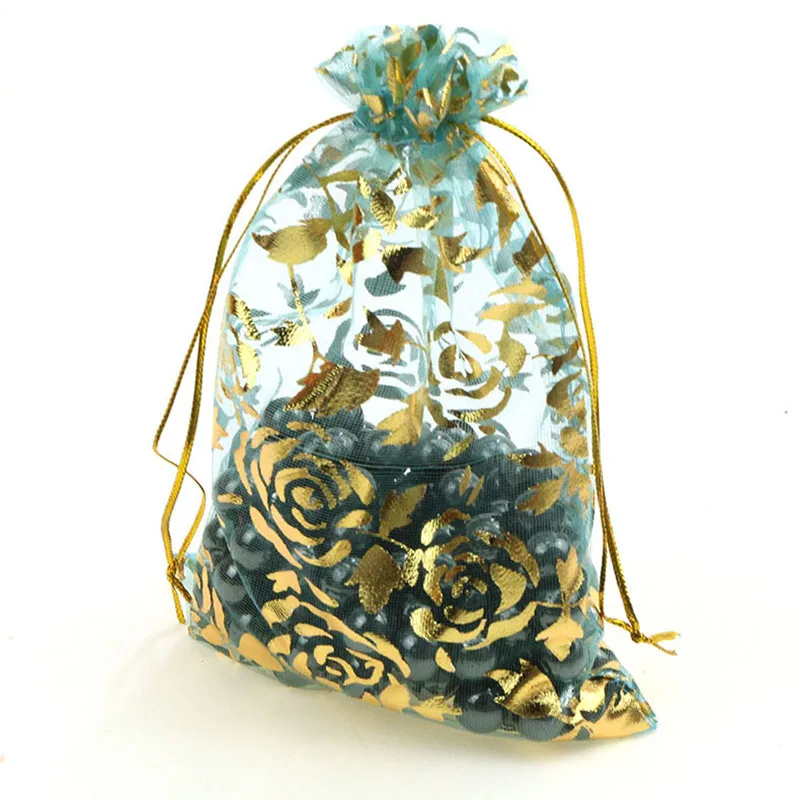 100 шт, 7x9/9x12 см, с принтом в виде сердечек и роз, свадебная сумочка из органзы, подарочная упаковка, мешочек для ювелирных изделий, рождественские сумки для конфет W14