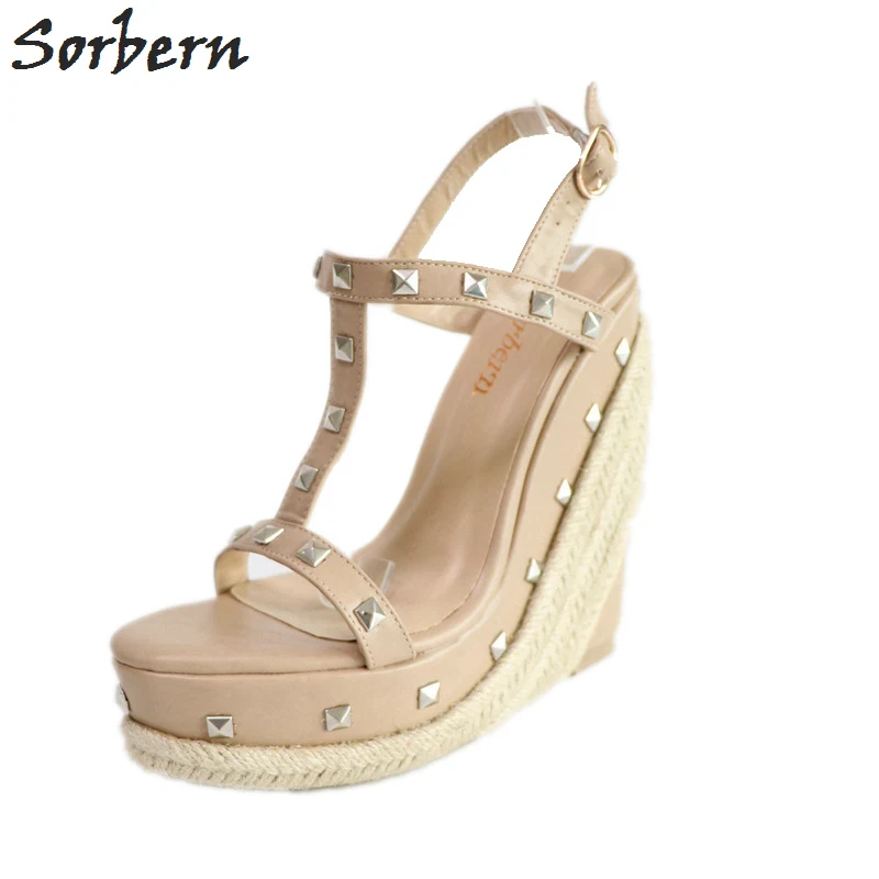 Sorbern Khaki T Strap Women Wedge High Heels Summer Sandals For Ladies Platforms Sandals Wedges