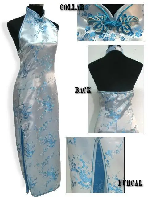 Темно-синее винтажное женское шелковое вечернее платье, китайское, новинка, с открытой спиной, Cheongsam Qipao, с цветочным принтом, Размеры S M L XL XXL XXXL WC092 - Цвет: Light Blue
