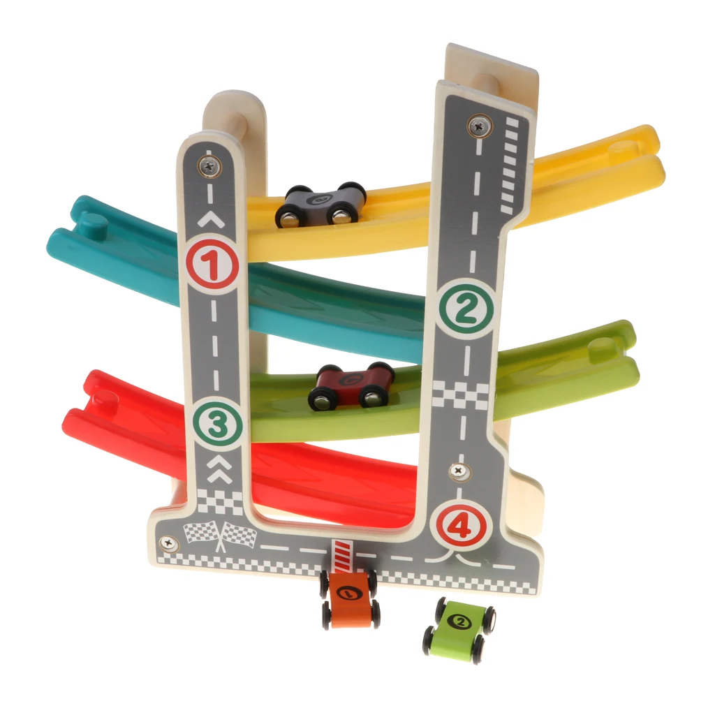 Wooden Click Clack Racetrack Ramp Racer Race Track Car Game Playset for Kids Children Boys Girls