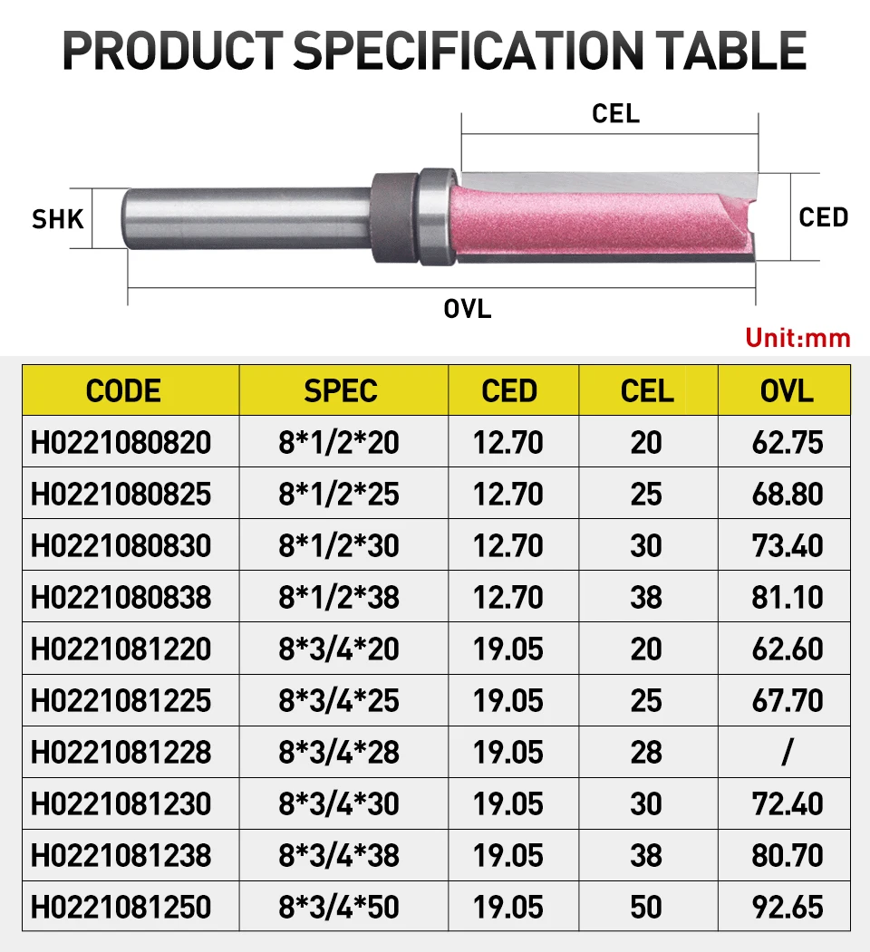 HUHAO 1pc Bearing Flush Trim Router Bit For Wood 8mm Shank Straight Bit Tungsten Woodworking Milling Trimming CNC Cutter Tool