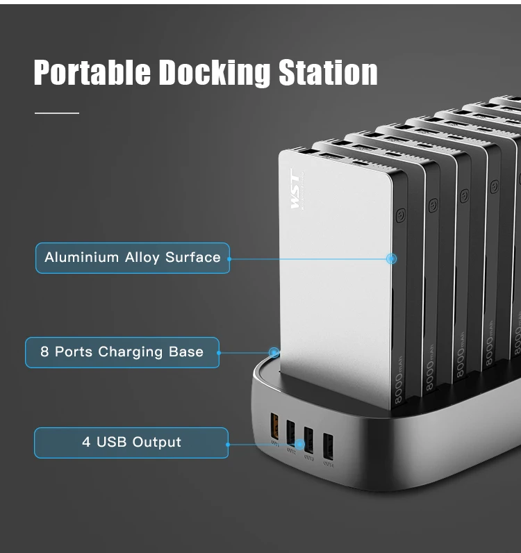 WST Power Bank Station 8PCS 8000mAh Multiple Power Bank with Built in Charging Cables Type C for Family Public Business powerbanks