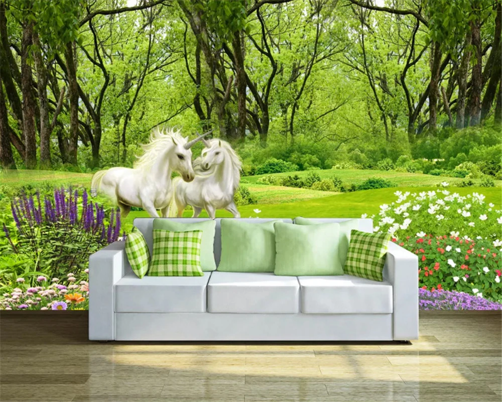 Пользовательские размеры, современные индивидуальные шелковистые толстые 3d обои, свежие джунгли, Белая лошадь, ТВ, фоновые обои для стен