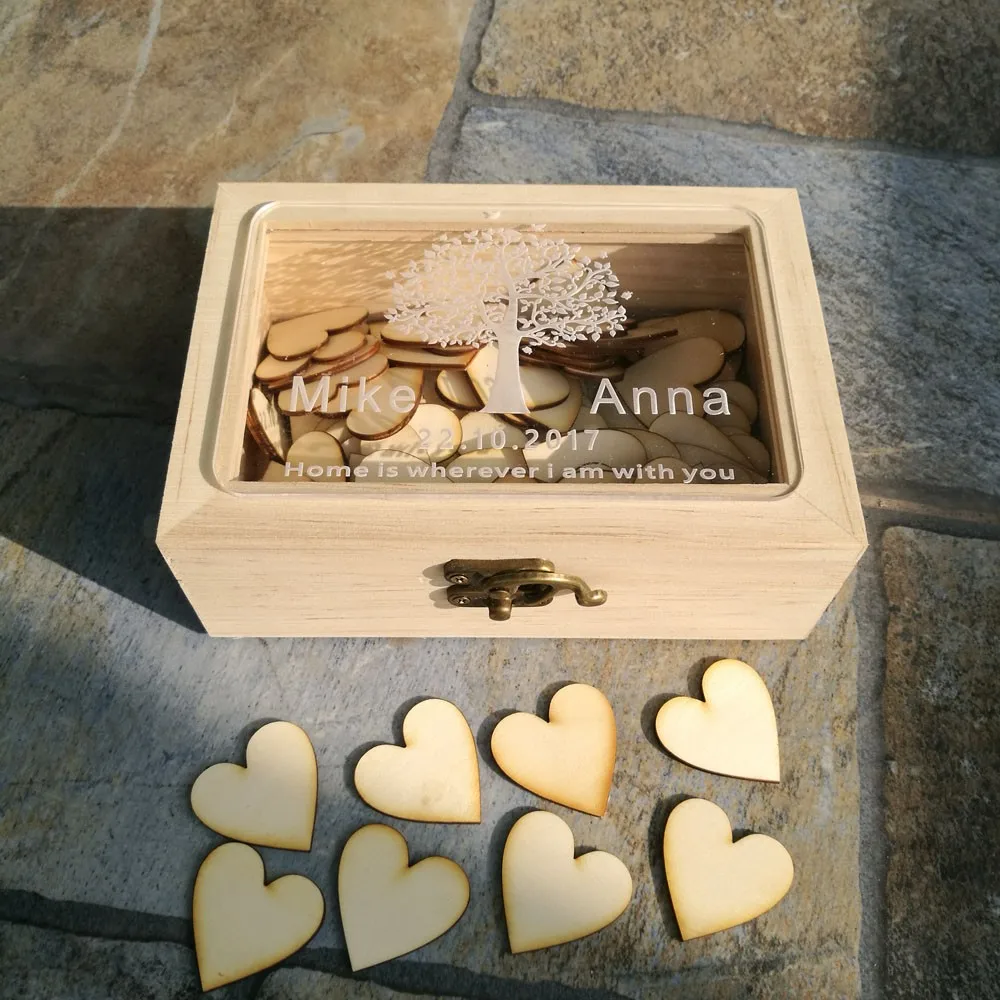 Персонализированная акриловая Свадебная Гостевая книга в деревенском стиле на заказ деревянная прямоугольная коробка на память с 100 шт сердечками
