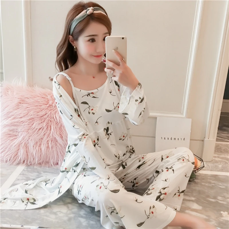 

Autumn Pyjamas 3 pcs Set Women Nightwear Sexy Girl Milk Silk Sleepwear For Girl