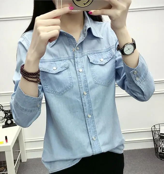 

Autumn Women Casual Jeans Long Sleeve Blouse Fashion Slim Denim Shirt tops Office Female Clothing Denim blusas mujer