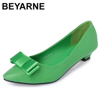 

BEYARNE New fashion Office Lady low heels work Shoes woman pumps Women autumn spring work Shoes pointed toe bowtie35-41greenE476