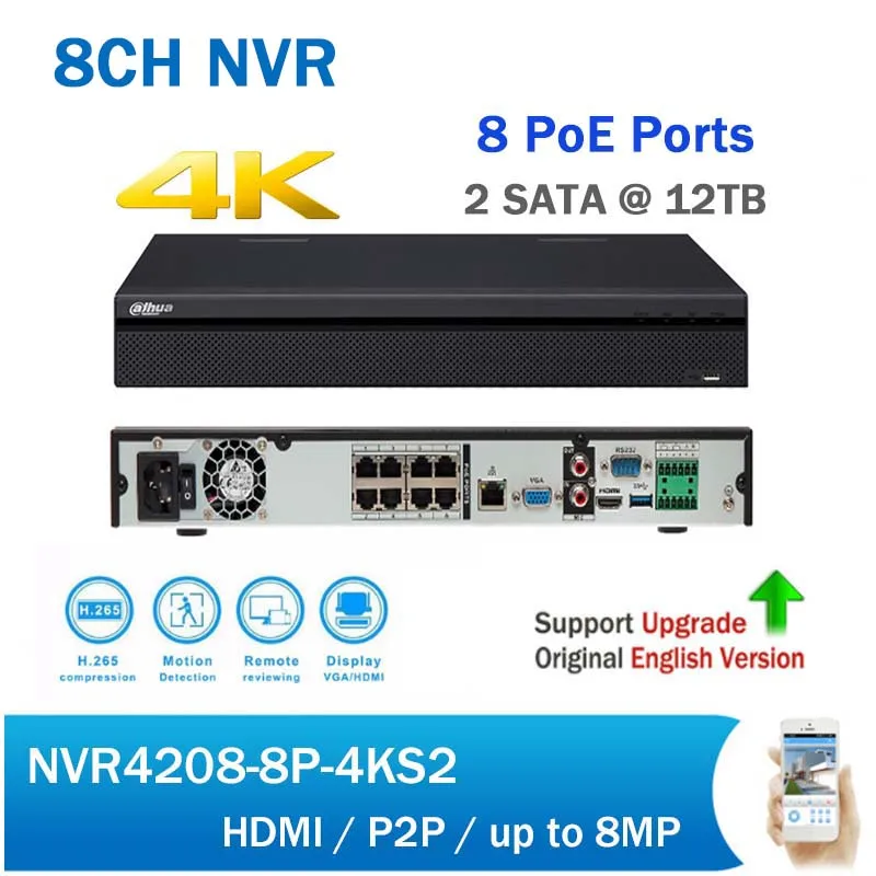 

DH NVR4208-8P-4KS2 H.265 4K 8CH PoE NVR support 2SATA Security CCTV Network Video Recorder DHI-NVR4208-8P-4KS2