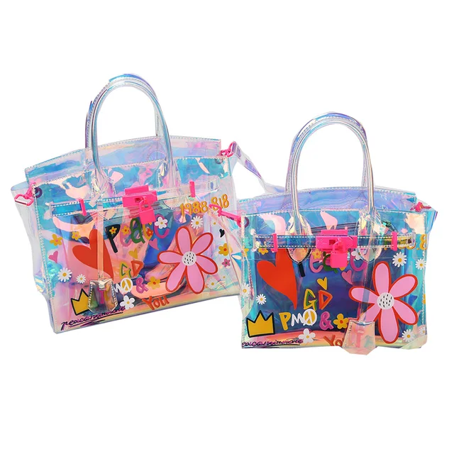 Cute Graffiti Printing Holographic Laser Lock Platinum Bag Jelly Cute Graffiti Printing Holographic Laser Lock Platinum Bag Jelly Transpa Satchel Fashion Summer Beach