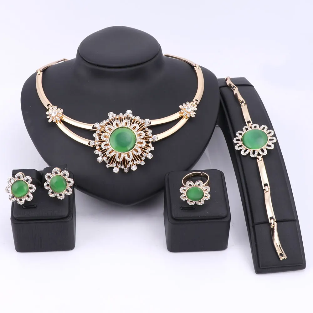 

African Costume Cat Eyes Stone Jewelry Sets Gold Color Fashion Wedding Women Bridal Accessories Crystal Necklace Earring Set