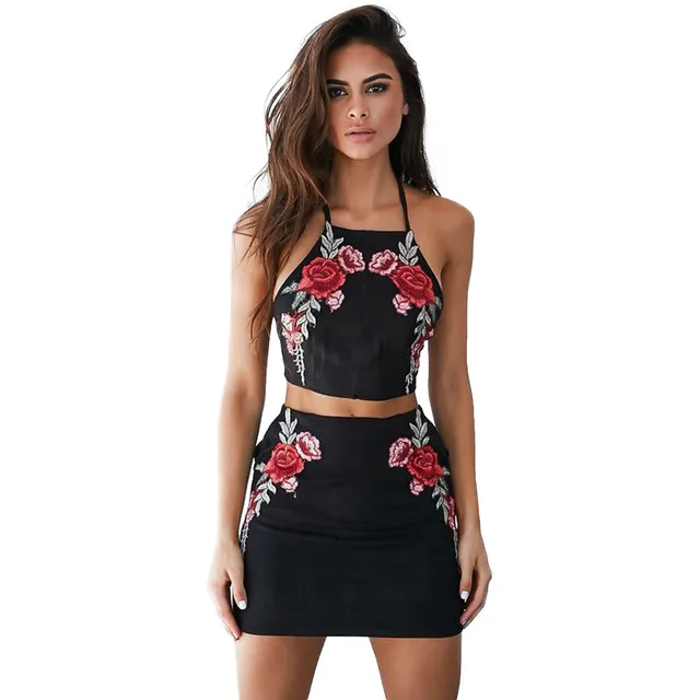 2 piece set women Sexy Appliques Rose Print Sleeveless