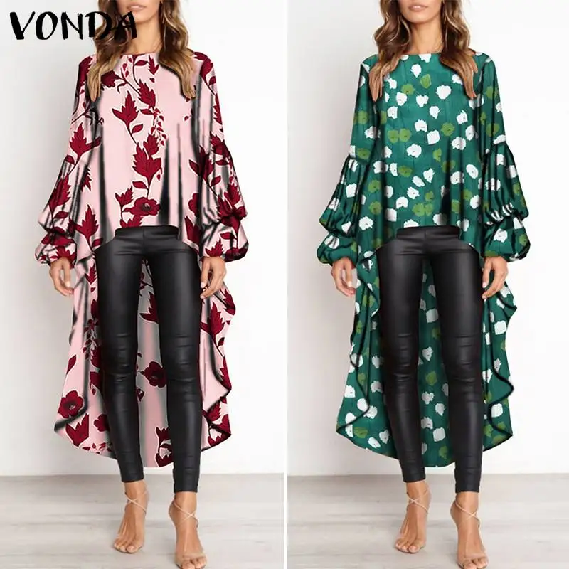 Najtaniej Casual kobiety bluzki VONDA luźne koszulki z nadrukiem z długim rękawem latarnia rękaw topy Femme Plus rozmiar Casual nieregularne brzegi Blusas 5XL