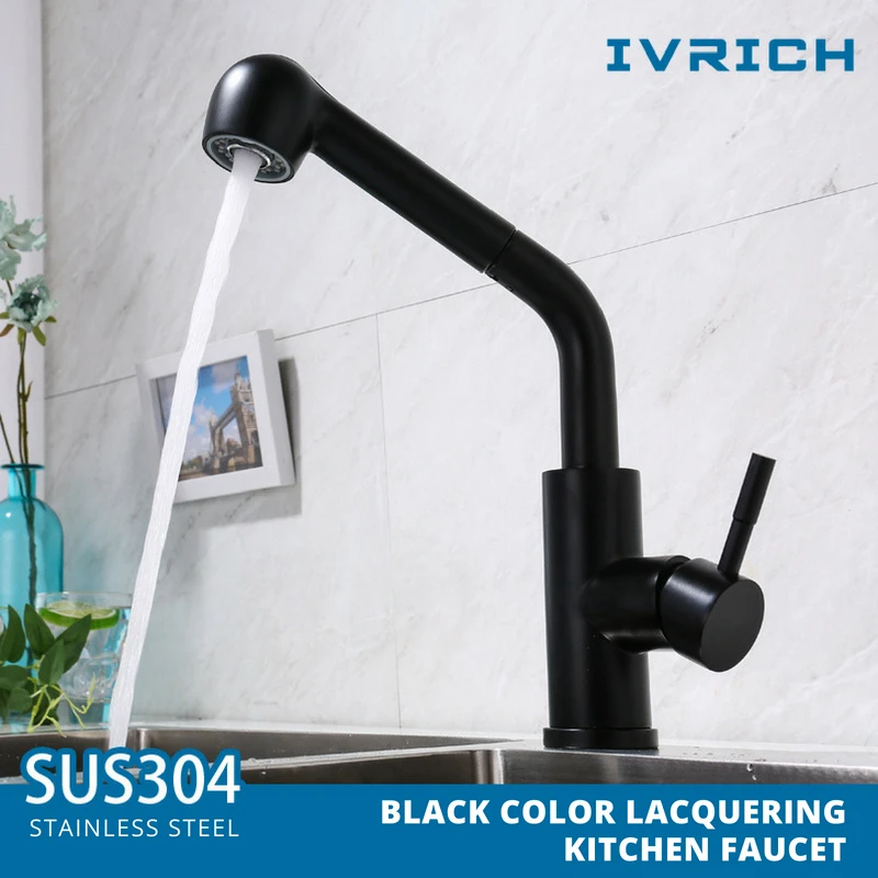 

IVRICH Black Color Lacquering Kitchen Faucet Dual Function Pull Out Stainless Steel kitchen tap Resilience kitchen mixer VR8351