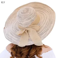 Женская летняя соломенная широкополая шляпа от солнца с козырьком, хлопок, лен, лента с бантом, яркие цвета, в полоску, с широкими волнистыми полями, складная шляпа-ведро